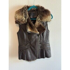 NWT MO X MEMBERS ONLY Brown Distressed Faux Leather Vest Fur Trim Moto Small